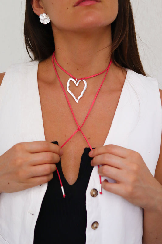 Collar Gamuza Maxi Corazón Pink Plata